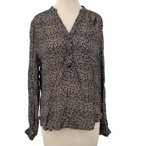 H&M Women's LS Pullover V-Neck Blouse Black/Brown Daisy Floral‎ size 4 NWT